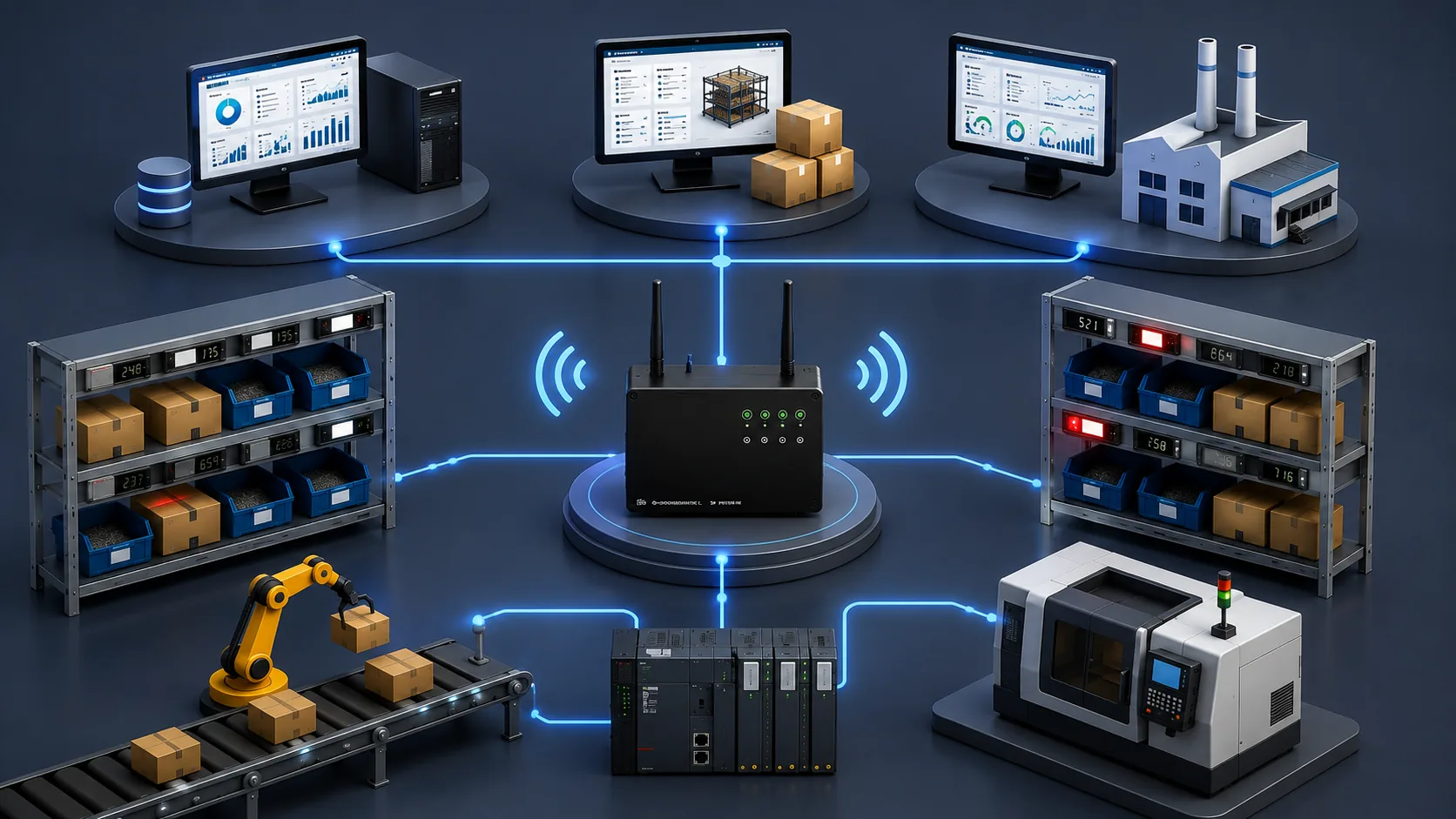 RF Kontrol Ünitesi üzerinden ERP/WMS/MES, PLC ve raf göstergelerinin birbirine bağlandığı entegrasyon şeması